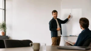Colega de trabalho explicando organograma em quadro branco para jovem aprendiz em sala de reunião