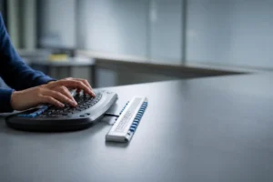 Mãos digitando em teclado ergonômico adaptado com régua de leitura braile ao lado