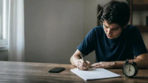 Estudante escrevendo redação à mão em casa, com relógio e celular sobre a mesa