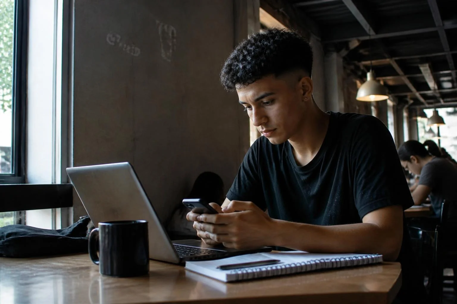 Jovem profissional revisando o próprio perfil nas redes sociais em um notebook e celular