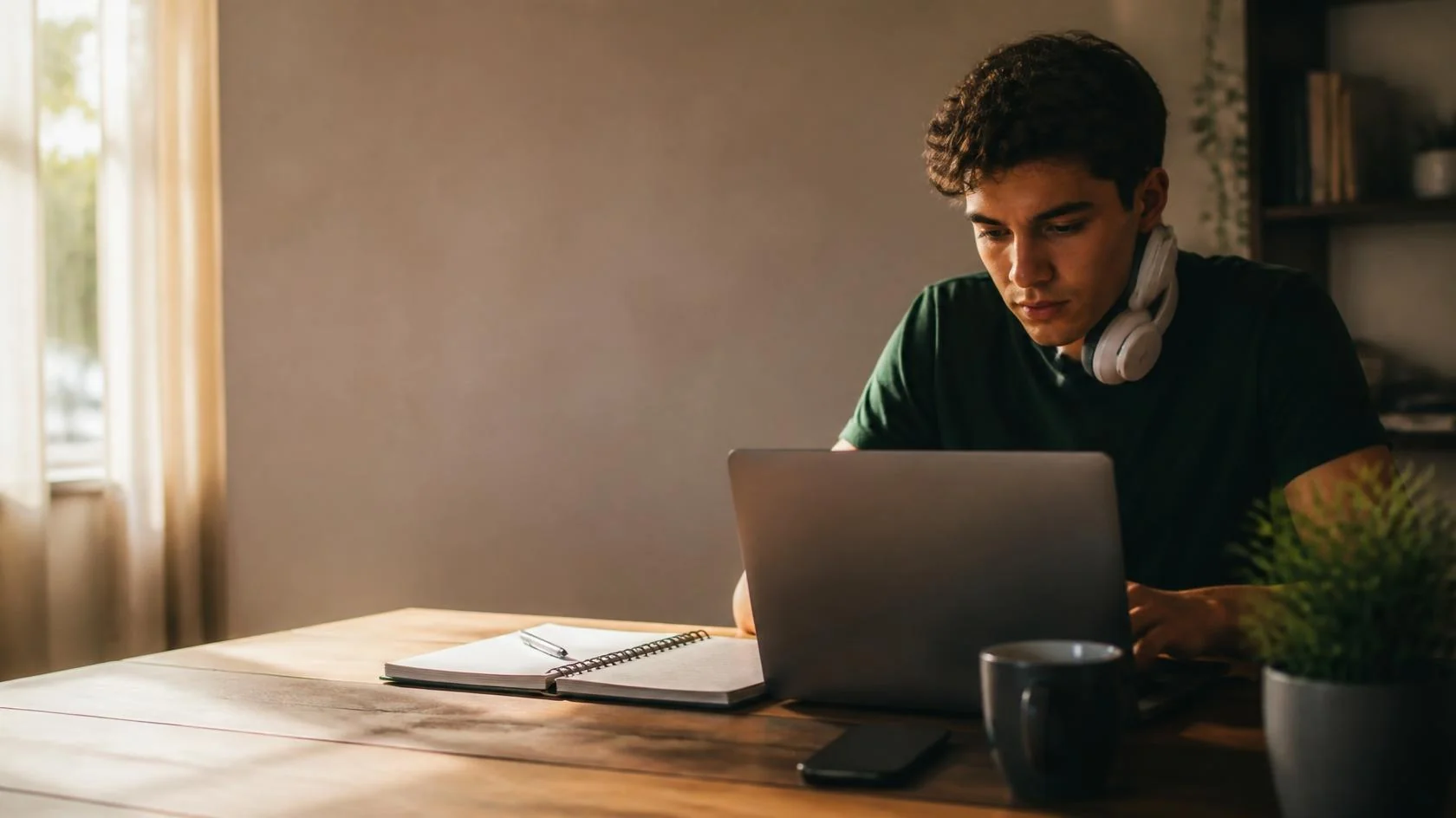 Jovem estudando por conta própria em casa, com notebook, caderno e fones de ouvido