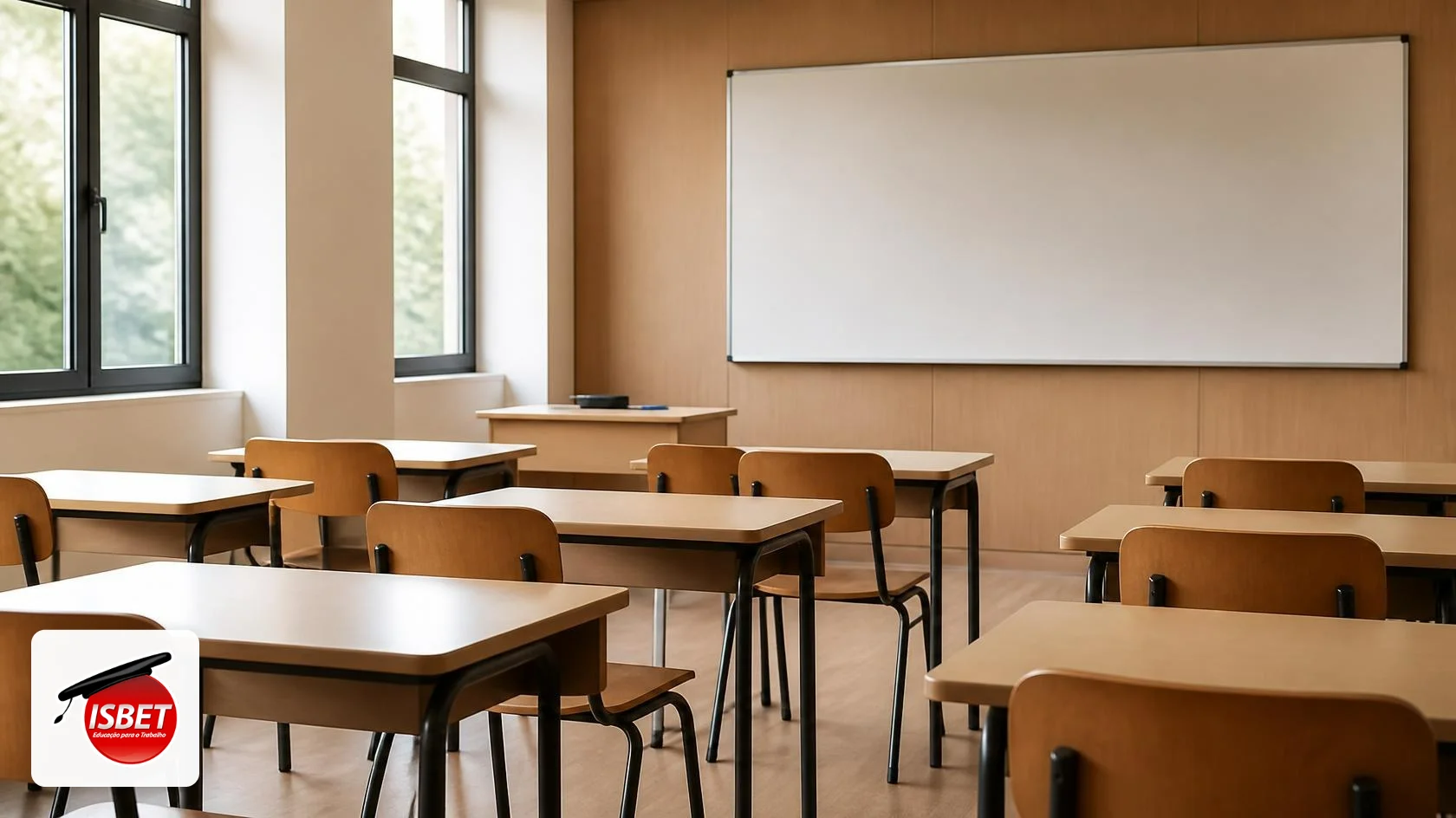 Sala de aula vazia preparada para o Projeto Enem Solidário do ISBET