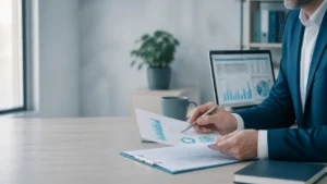 Profissional analisando documento com gráficos de redução de custos e contrato de aprendizagem em escritório corporativo