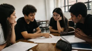 Habilidades comportamentais: grupo de jovens discute ideias em torno de uma mesa de estudo