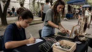 Empreendedorismo jovem: duas adolescentes montam uma banca de artesanato numa feira de bairro