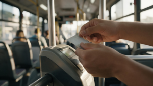 Jovem aprendiz passando o cartão de vale-transporte na catraca do ônibus