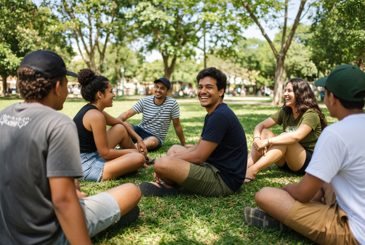 Jovem sorrindo em conversa descontraída com amigos em um parque no domingo