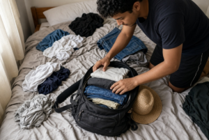 Jovem arrumando uma mochila de viagem em cima da cama, se preparando para as férias