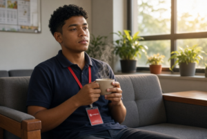 Jovem aprendiz fazendo uma pausa tranquila com uma xícara de café na área de descanso da empresa