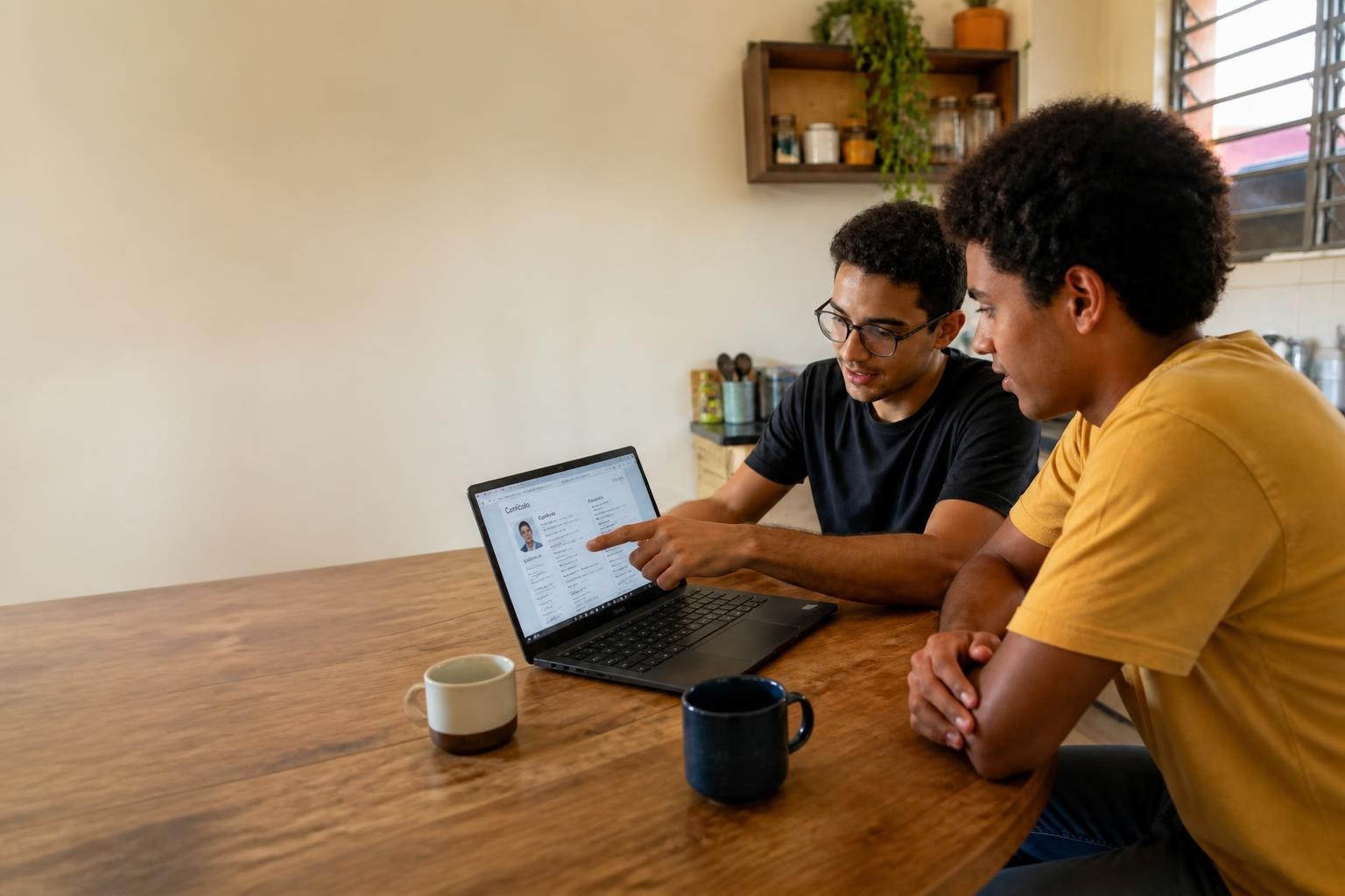 Dois jovens conversando animadamente em corredor, um gesticulando ao explicar suas habilidades