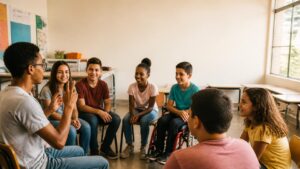 Estudante com deficiência auditiva participando ativamente de atividade em grupo em sala de aula inclusiva