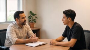 Supervisor e jovem aprendiz de crachá vermelho conversando à mesa em um momento de feedback