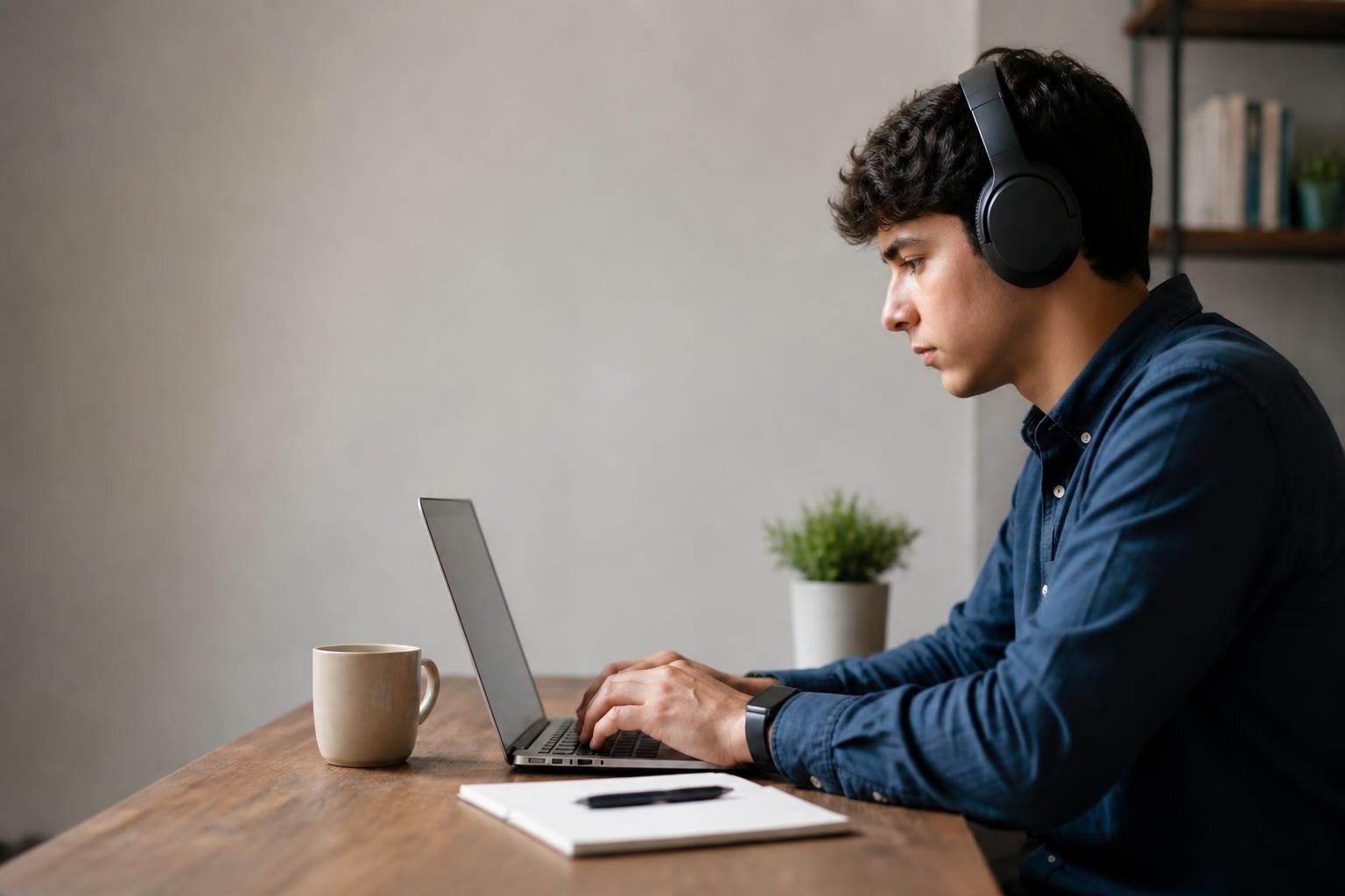 Profissional trabalhando concentrado com fones de ouvido em mesa organizada, ambiente de trabalho adaptado ao foco