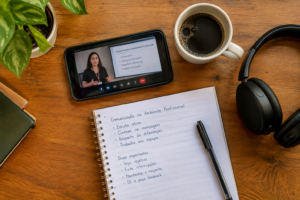Mesa com celular mostrando aula de curso online, caderno com anotações, café e fone de ouvido