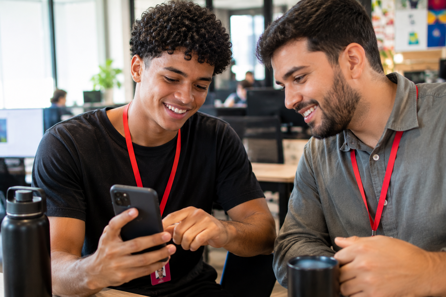 Jovem aprendiz mostrando o celular para um colega de trabalho durante um intervalo