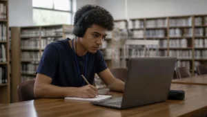Jovem de fones de ouvido estudando em uma biblioteca, um exemplo de investimento na carreira feito com tempo e constância