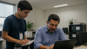 Jovem aprendiz anotando enquanto um colega mais experiente explica uma tarefa no escritório