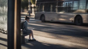 Estudante de uniforme sentada em ponto de ônibus relendo uma folha, o medo da primeira entrevista antes de sair de casa