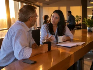 Mentoria para líderes, duas lideranças conversam em um lounge de escritório no fim da tarde
