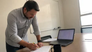 Analista de RH marcando com marca-texto a lista de cargos para conferir a multa por não contratar jovem aprendiz