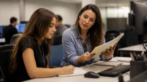 Colega mais experiente orienta uma jovem aprendiz na mesa de trabalho: oportunidade de jovem aprendiz na prática