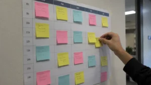 Organizar a rotina profissional, planejador semanal com post-its na parede do escritório