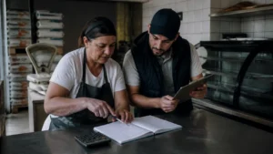 Dona de padaria e representante de distribuidora conferem um caderno de pedidos, exemplo de parcerias estratégicas entre empresas