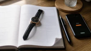 A importância da pontualidade e organização, agenda aberta, relógio de pulso e celular com alarme sobre a mesa