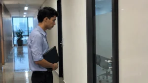 Pressão no primeiro emprego, jovem respira fundo no corredor antes de entrar em uma reunião