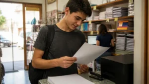 Jovem confere o currículo de primeiro emprego sem experiência recém-impresso em uma papelaria