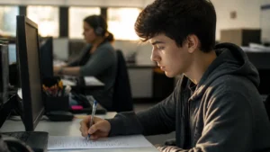 Jovem aprendiz marcando tarefas em uma lista, um exemplo de produtividade da equipe com jovem aprendiz