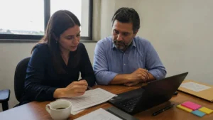 Analista de RH e gestor analisando uma planilha para saber quem pode contratar jovem aprendiz