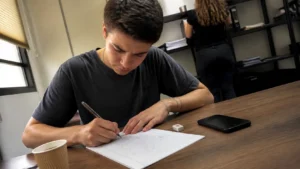 Jovem escrevendo à mão uma redação para jovem aprendiz em uma mesa de escritório