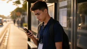 Jovem aprendiz de crachá no ponto de ônibus olhando desconfiado para o celular, atento à segurança digital