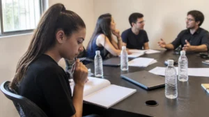 Jovem aprendiz pensativa com a caneta na mão durante uma reunião, vivendo a timidez no trabalho