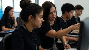 Instrutora orienta jovens aprendizes em uma sala de treinamento durante um curso de upskilling e reskilling