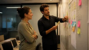 Gestora e jovem profissional diante de um quadro com post-its discutindo visibilidade no trabalho e reconhecimento de entregas
